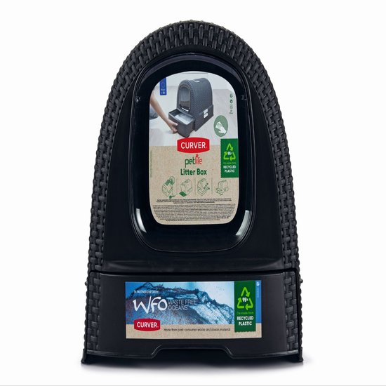 Zwarte Curver kattenbak met lade, textuur van vlechtwerk, ovalen ingang, en een WFO-label.