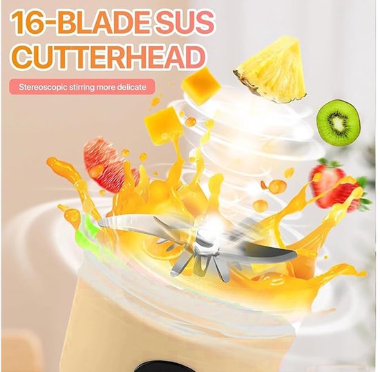 Draagbare blender - smoothie blender to go voor shakes en vers fruit - 16 messen, USB oplaadbaar - beige - 8,5 x 8,5 x 28,5 cm - ABS voor thuis, werk en onderweg van Merkloos — afbeelding 3
