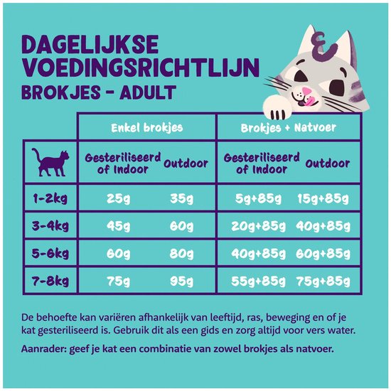 Voedingsrichtlijn voor kattenbrokjes: droog voer voor volwassen katten, met dagelijkse hoeveelheden in grammen per gewicht en type voer.