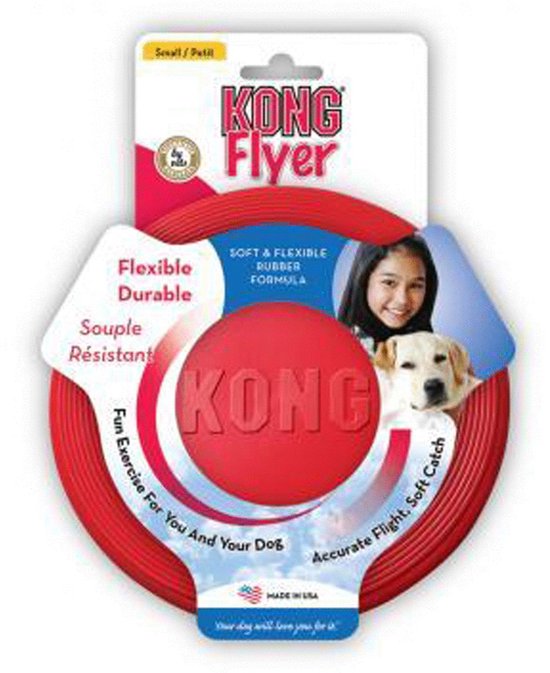 Rode Kong Flyer frisbee in verpakking met een meisje en een hond. Flexibel en duurzaam.