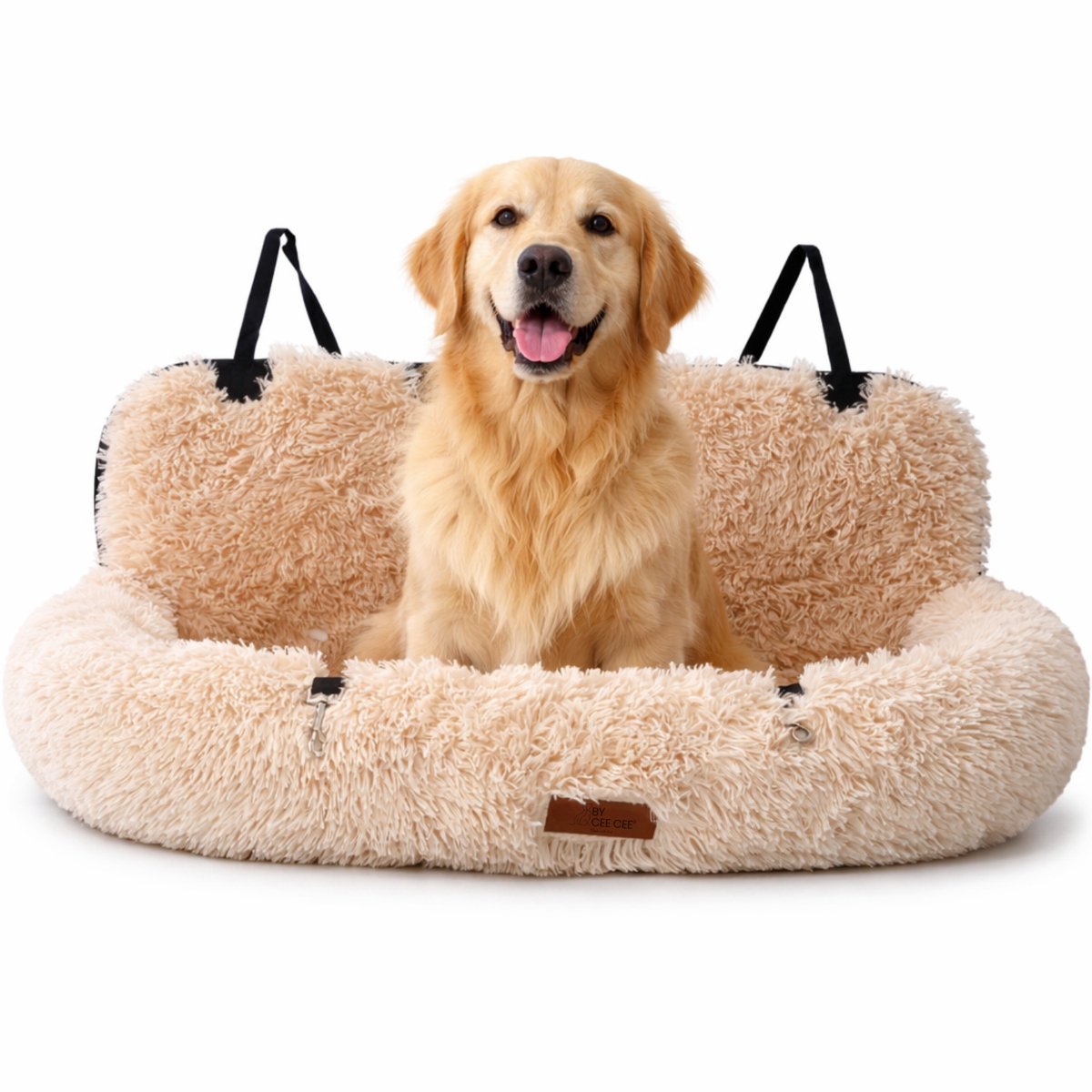 By Cee Cee Autostoel Hond Deluxe - Hondenmand Auto Met Veiligheidsriempje - Automand Hond - Hondenstoel - Autozitje - Beige - 120x60 - Maat L - Foxy