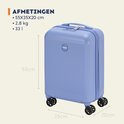 Lichtblauwe koffer 55x35x20 cm met ribbelpatroon, handvat en dubbele wielen.