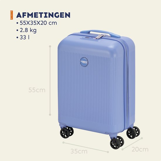 Lichtblauwe koffer 55x35x20 cm met ribbelpatroon, handvat en dubbele wielen.