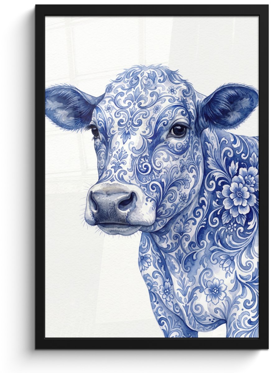 FrameYourWall Poster in lijst - Fotolijst 40x60 cm - Posters - Illustratie - Koe - Blauw - Posterlijst zwart - Decoratie - Wanddecoratie woonkamer - Muurdecoratie slaapkamer