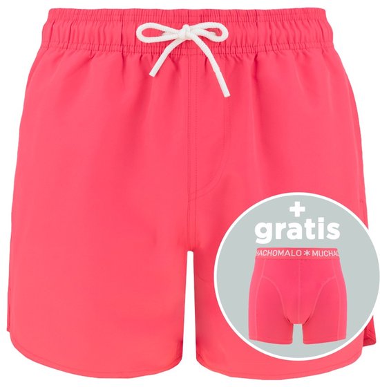 Koraalkleurige zwembroek met witte veter en een cirkelvormig logo, met insert.