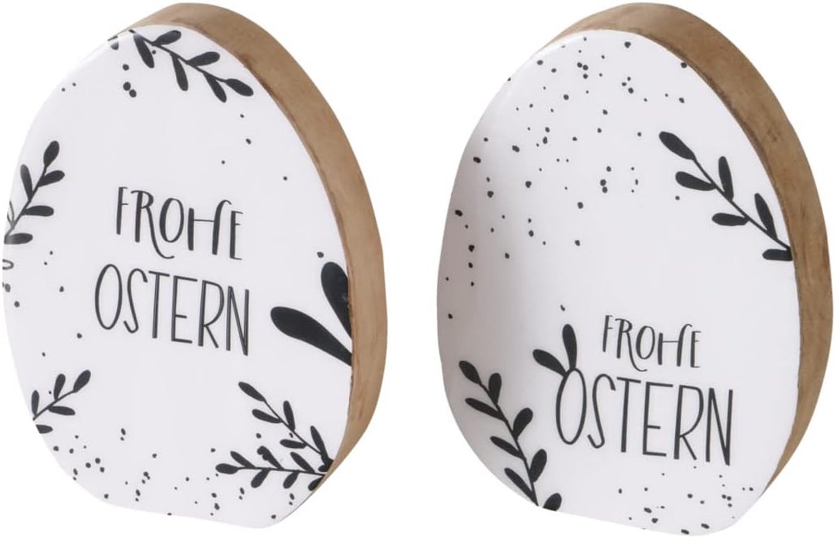 Paaseieren Set - Houten Decoratie - Paasdecoratie Huis - Set van Twee - 14cm Hoog - Zwart Wit