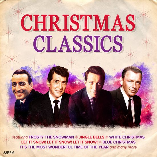 LP hoes van "Christmas Classics" met vier mannen, waaronder "Frosty The Snowman" en "Jingle Bells".