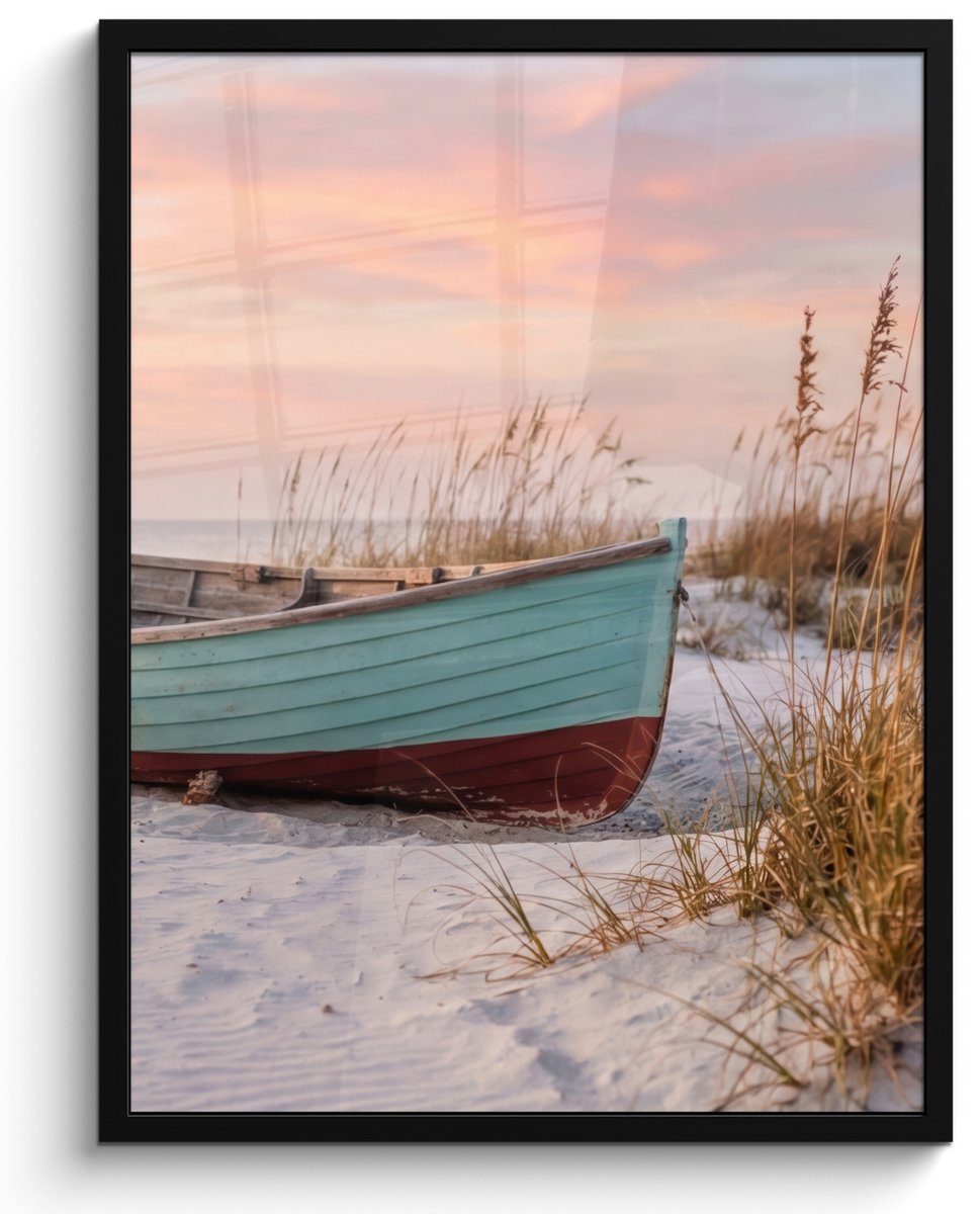 FrameYourWall Poster in lijst - Fotolijst 60x80 cm - Posters - Rustiek - Roeiboot - Zandstrand - Posterlijst zwart - Decoratie - Wanddecoratie woonkamer - Muurdecoratie slaapkamer
