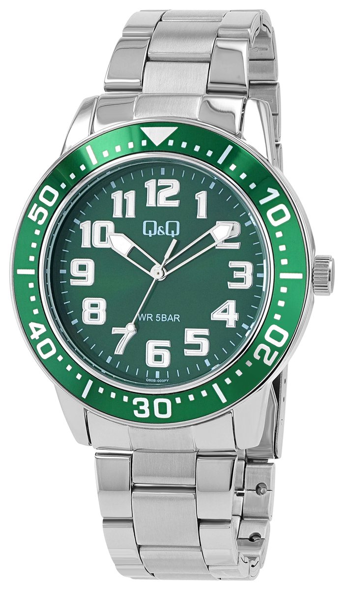 QQ-model Q60b-003py-Herenhorloge-diameter 45 mm-5 atm waterdicht-stoer model-staal-groen-zilver