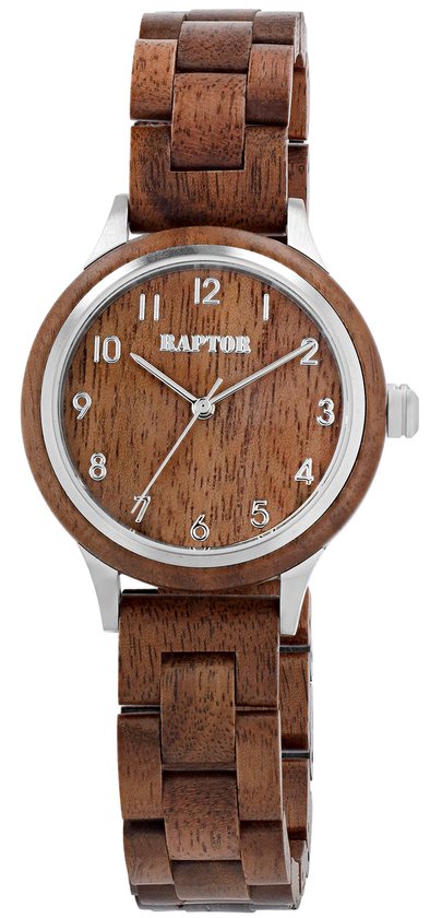 Raptor dameshorloge met bruine houten kast en band, zilverkleurige wijzerplaat.