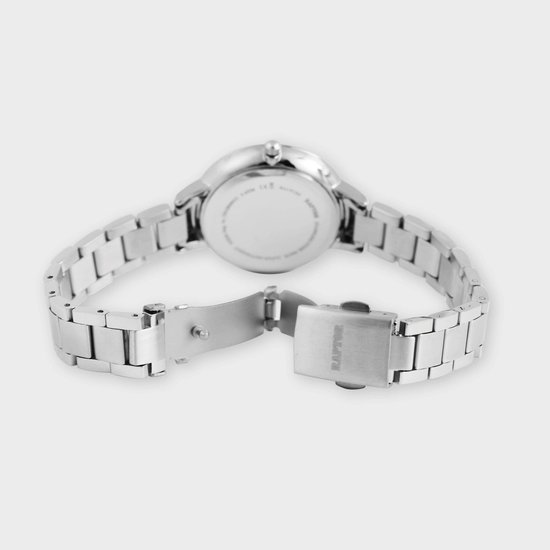 Zilverkleurig horloge met schakelsluiting. De gesp is gemarkeerd met 'RAPTOR'.