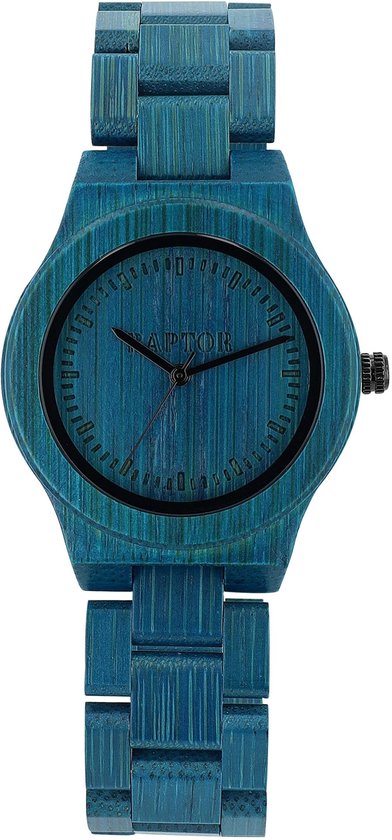 Blauw bamboehorloge van Raptor met wijzerplaat en schakelband.