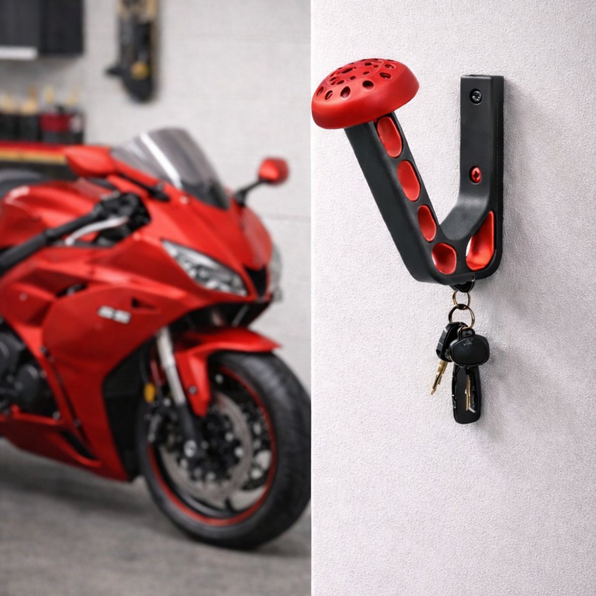 Motor helm houder inclusief haakje voor sleutels – Rood – helmhouder – helm kapstok - wandmontage