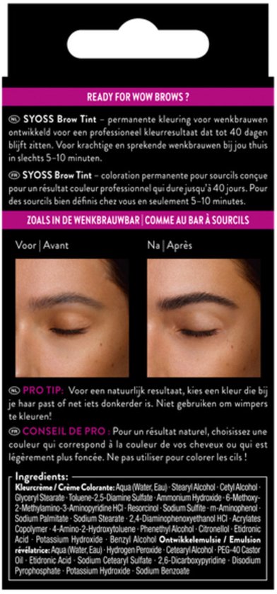 Verpakking met voor- en na-foto's van een oog met wenkbrauwkleuring.