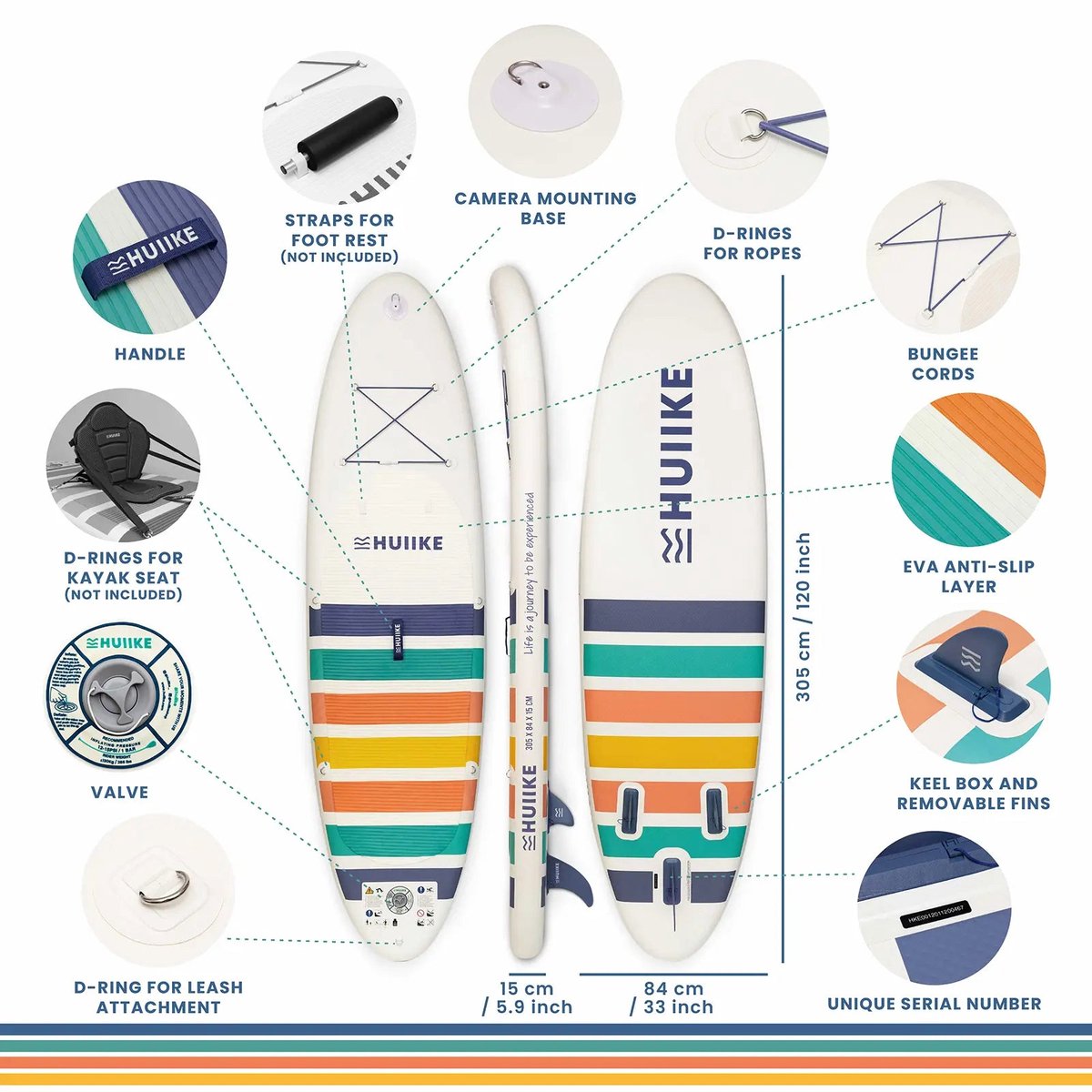 HUIIKE SUP Board - Opblaasbaar Paddle Board met Accessoires, Peddel, Vinnen, Pomp - Stand Up Paddle met Hoge Stabiliteit - 305 x 84 x 15 cm - Max. 130 kg – foto 3