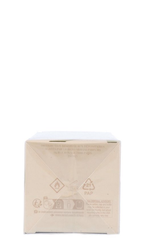 Bovenaanzicht van de doos van Giorgio Armani Si eau de parfum met waarschuwingssymbolen en recycling-informatie.