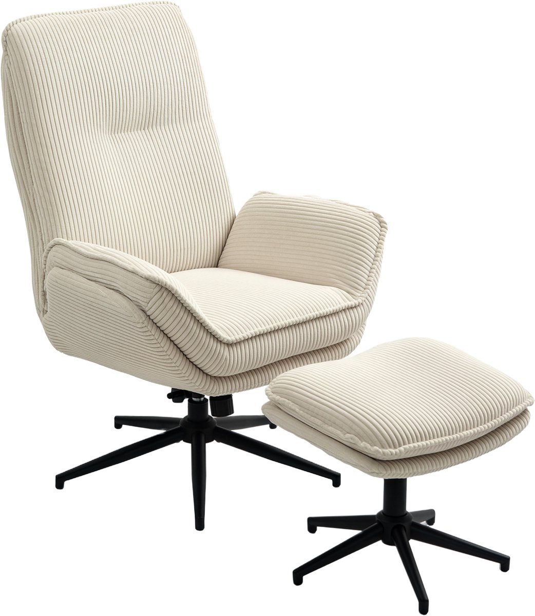 Draaifauteuil Met Hocker - 360° Draaibaar - 130° Verstelbaar - Fluwelen Bekleding - Voor Woonkamer - Beige