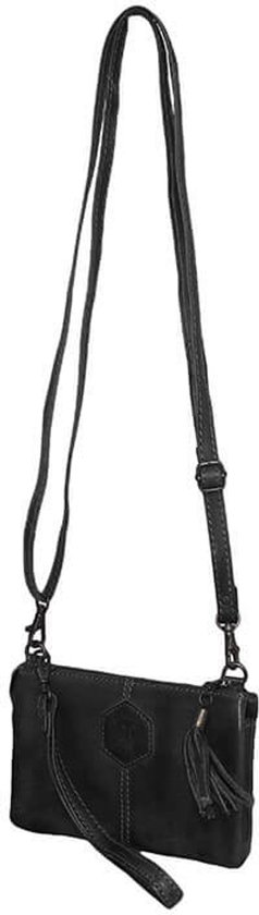 Zwarte leren clutch met lange schouderband