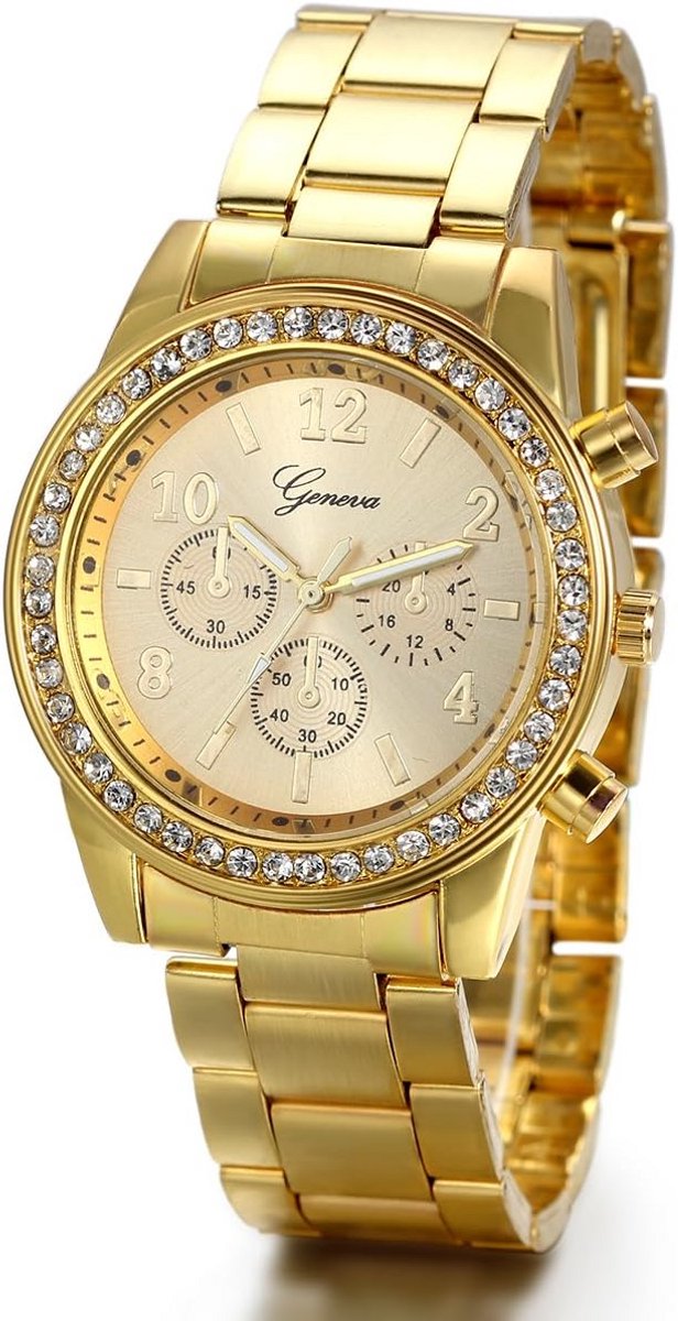 Unisex Goudkleurig Strass Armband Horloge met Roestvrijstalen Band
