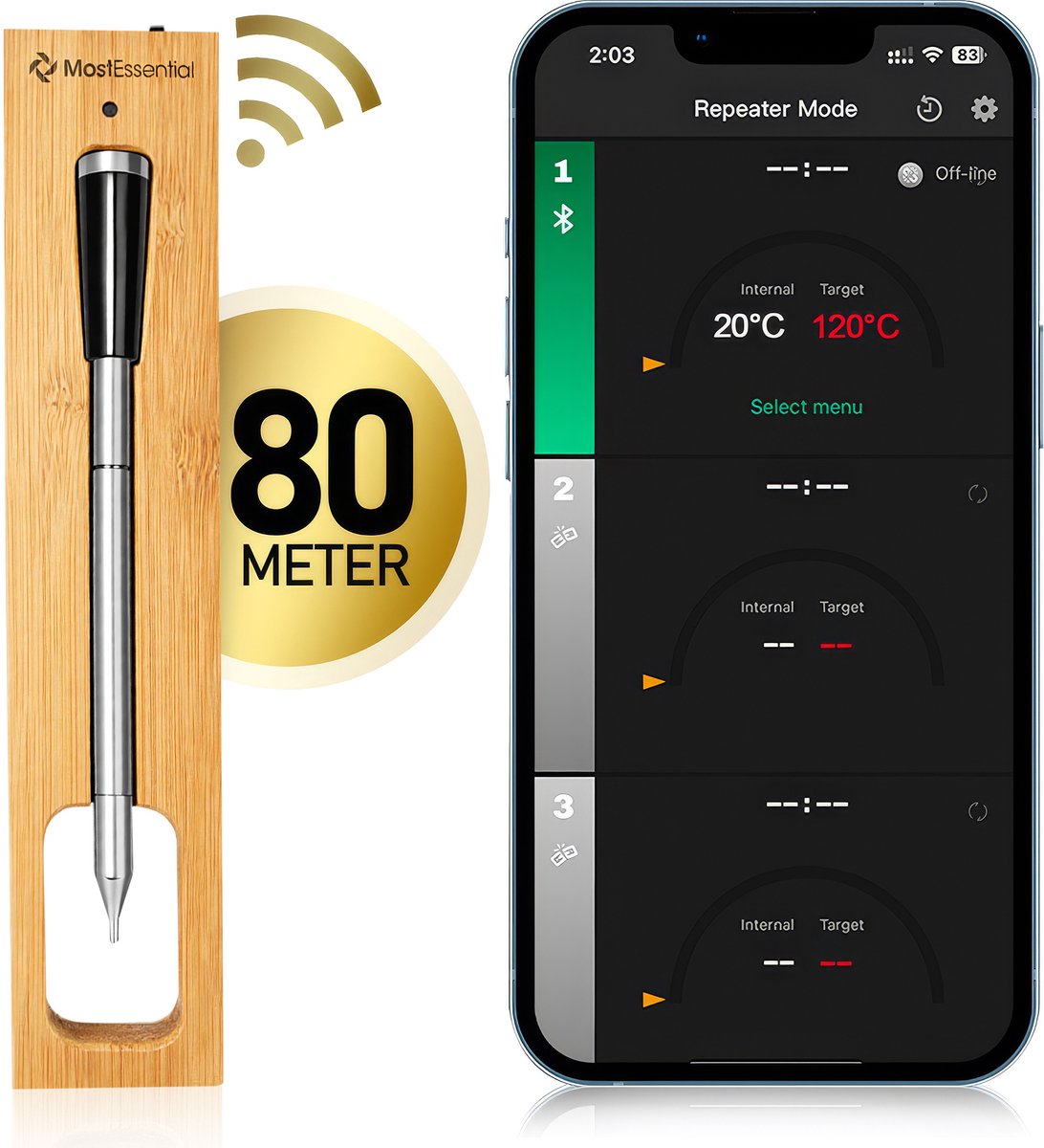 Bol.com MostEssential Smart Vleesthermometer - Draadloos - 80M Bereik - 36 Uur Werktijd - Bluetooth 5.2 - 1000mAh Batterij - Sin... aanbieding