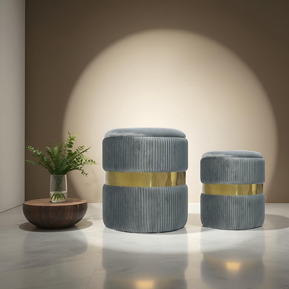 Set van 2 Fluwelen Opbergkrukken – Ronde Poefs met Opbergruimte – Grijs – 40x40x45 cm & 29x29x32 cm – Duurzaam & Opvouwbaar
