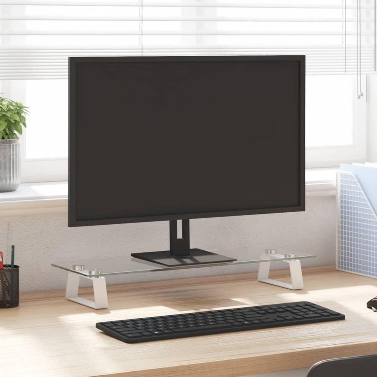 Monitorstandaard Verhoger Bureau Organizer Glas en Metaal Wit 60x20x8 cm