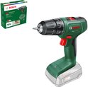 Groene Bosch EasyDrill 18V-40 accuboormachine met rode accenten en bijbehorende doos.