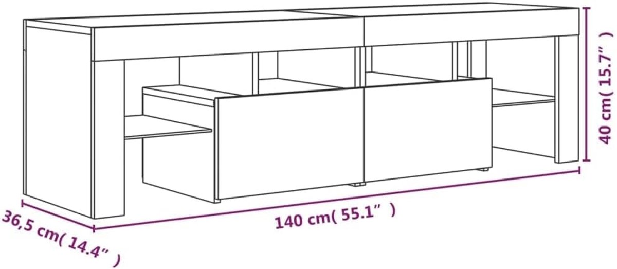 TV-meubel met LED-verlichting – Urbanhome Sonoma Glow Lowboard – 140 cm – Grijs Sonoma – Televisiemeubel met Opbergruimte – Modern Design voor Woonkamer