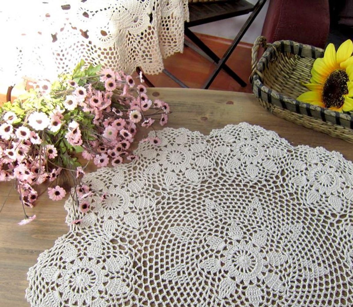 Ronde Handgemaakte Katoenen Tafelloper / Placemat - Beige - 89 cm - Decoratie