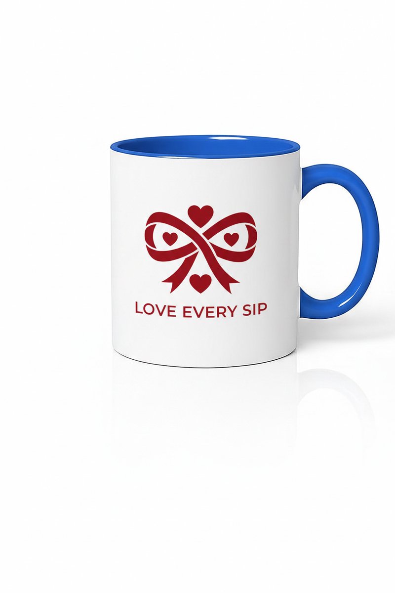 Romantische Mok 'Love Every Sip' met Harten & Lint – Blauw & Wit Keramiek
