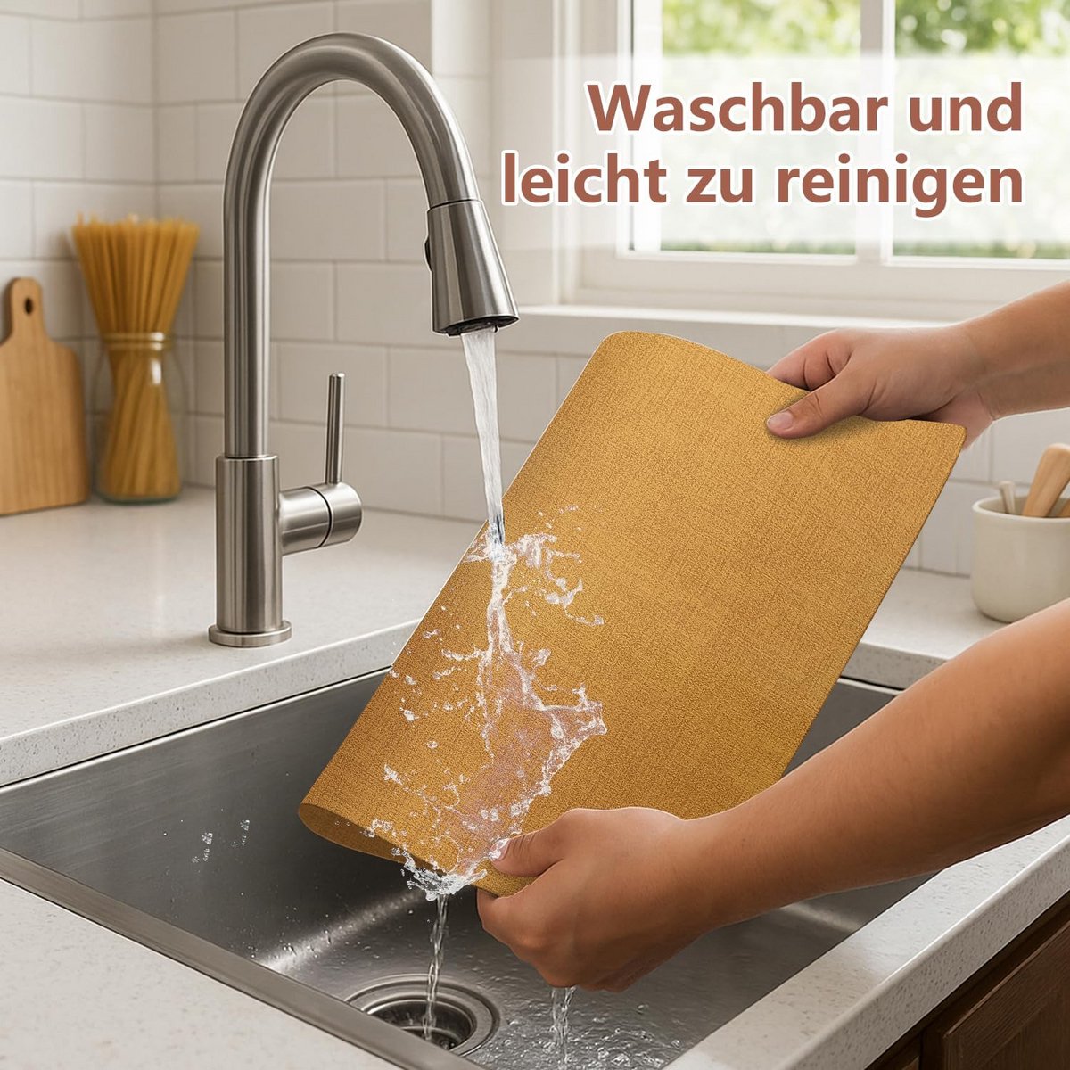 Set van 6 Tafelmatten en Onderzetters - Afwasbaar Kunstleer - Rechthoekig - Geel