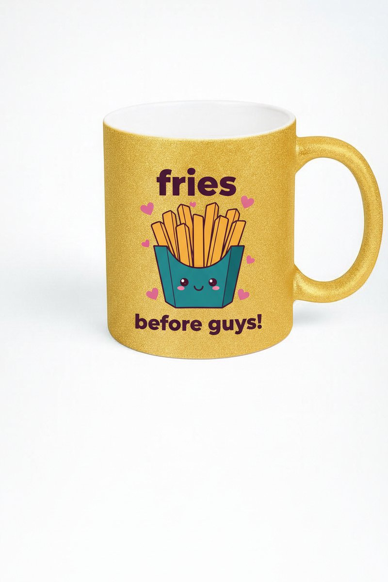 Gouden Glitter Mok 'Fries Before Guys' - Leuke Friet Beker met Harten - Grappig Cadeau