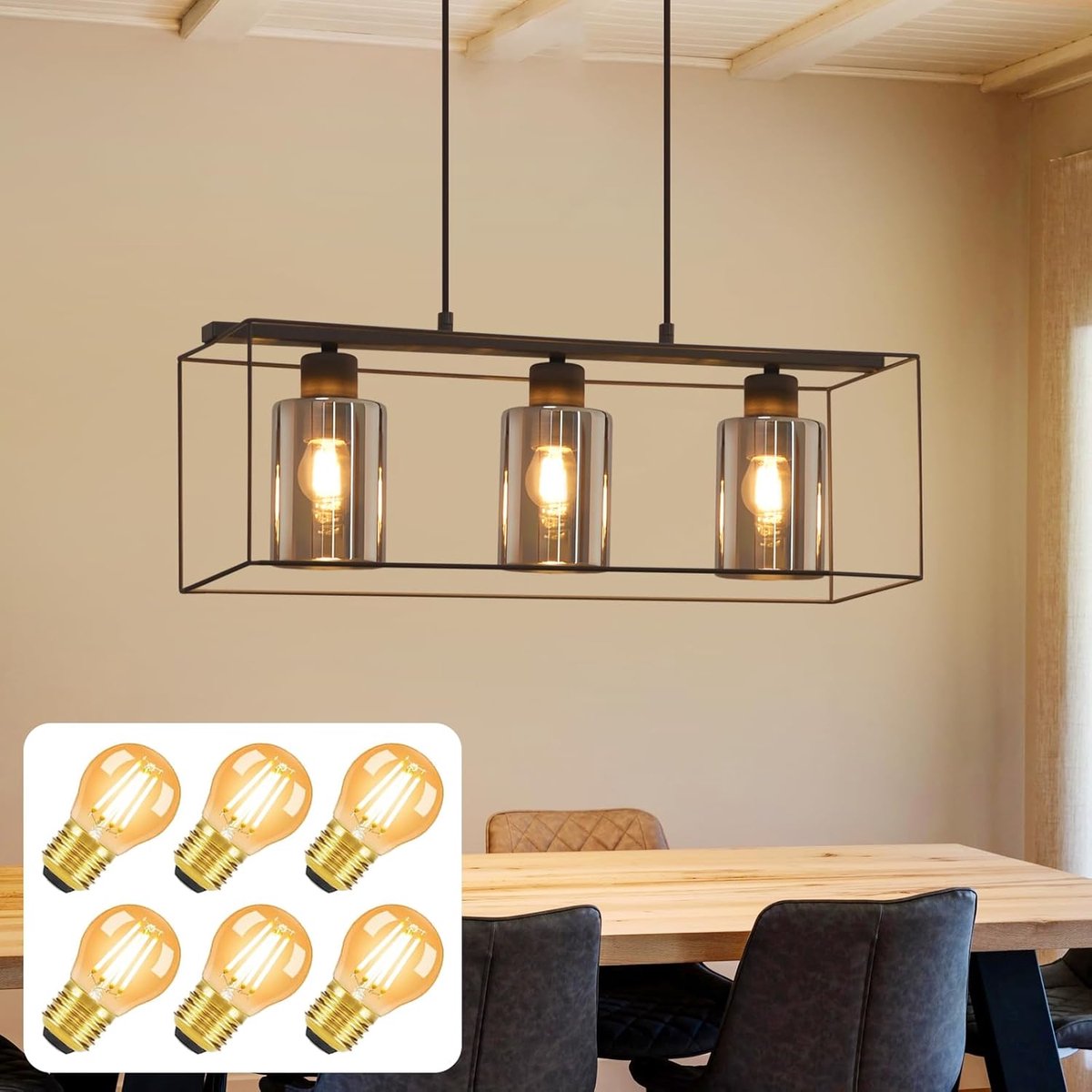 Glitzerlife - Hanglampen - Vintage Retro design - 3xE27 - verstelbaar snoer - glas metaal materiaal - Ø60cm - rookgrijs - hanglamp eetkamer woonkamer keuken