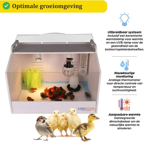 UniEgg Compleet Couveuse (S) voor Kuikens / Reptielen - Small 48cm x 30cm x 32cm (LxBxH) - Opfokkooi - Brooder - inclusief accessoires warmtelampen, dimmer, drinkbak, voerschaal, thermometer, makkelijk en snel bouwpakket - kuikenkooi - kuikenhok