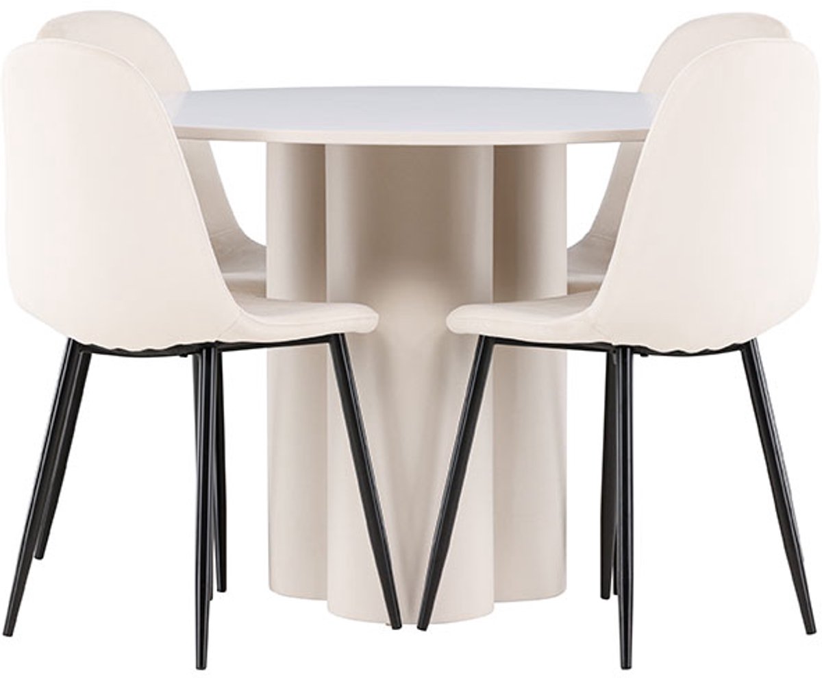 Olivia eethoek tafel Ø110cm en 4 velours stoelen beige.