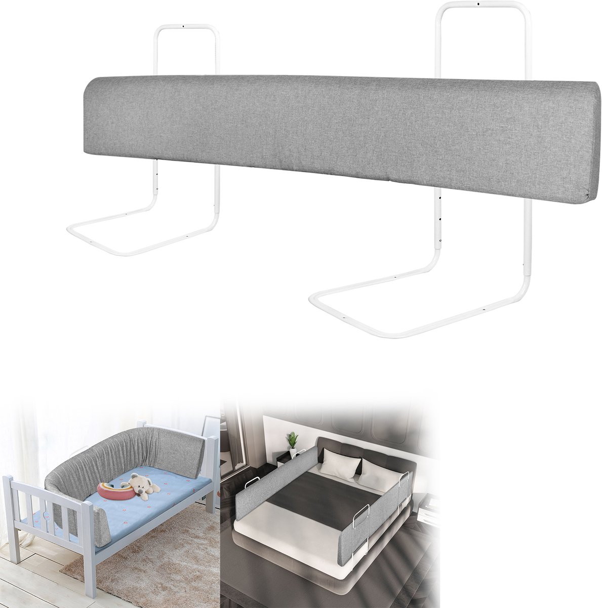 Froadp 150 cm bedhek bedhek valbeveiliging voor kinderen in hoogte verstelbaar doe-het-zelf vervormbare bedrandbescherming 5-gaats bed kinderbedhek veiligheidsreling voor babylinnen grijs (2 stuks)
