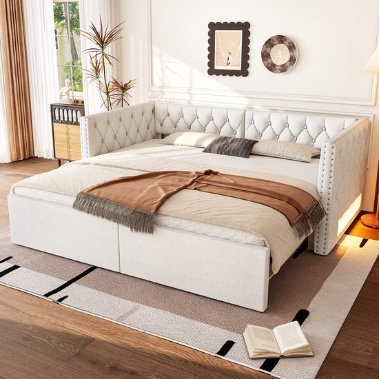 REDOM Luxe Daybed met Uitschuifbed (90 tot 180x200) - Gecapitonneerde Slaapbank met LED & Nissen - Linnenlook Beige