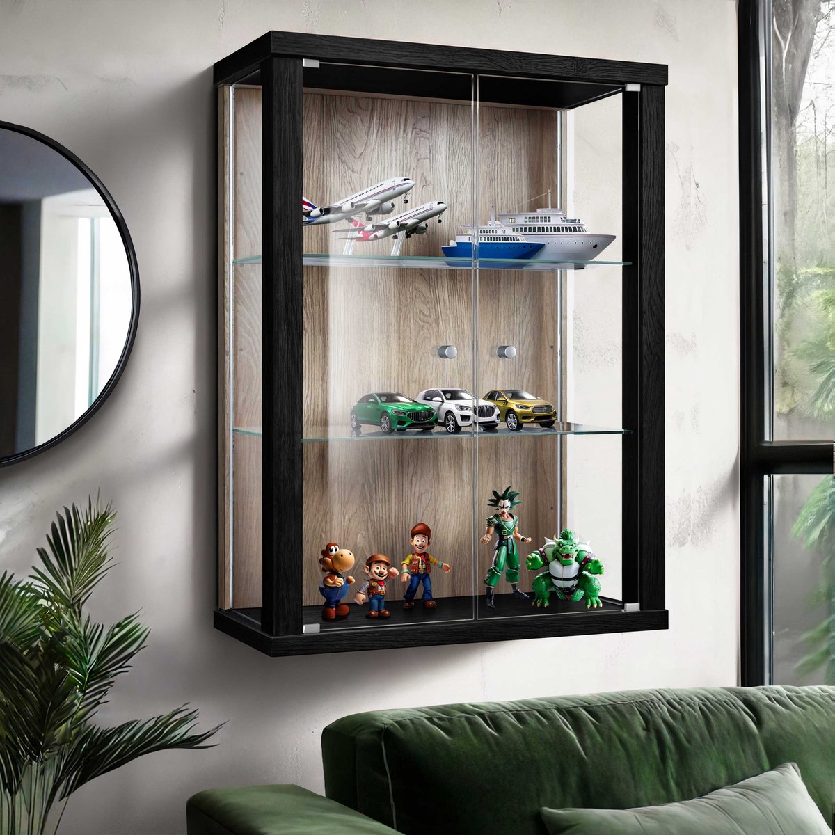 K-Möbel Vitrinekast hangend met 2 deuren & 2 in hoogte verstelbare glasplanken - 80x60x25 cm - Zwart