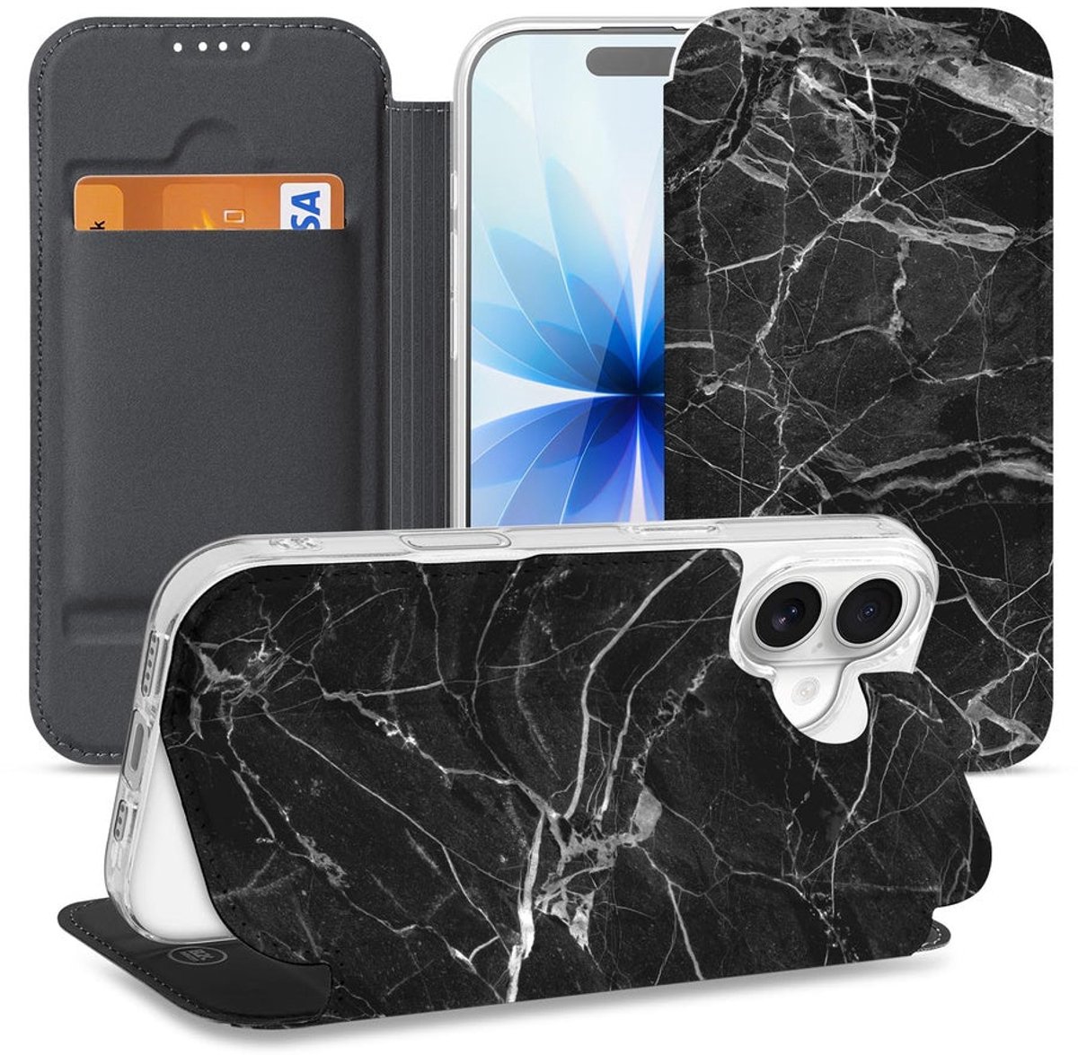Telefoonhoesje iPhone 17 Wallet Case Marmer Zwart