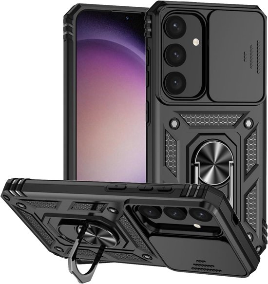 Coque de téléphone noire avec support annulaire, cache coulissant pour appareil photo et un téléphone.