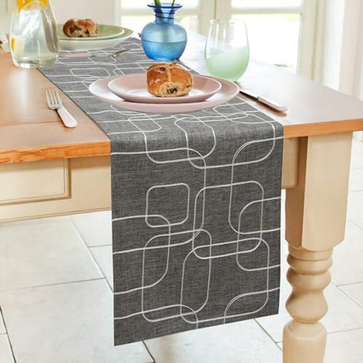 Tafelloper Europees Grijs 32 x 275 cm - Dubbele Laag Linnen Katoen Afwasbaar