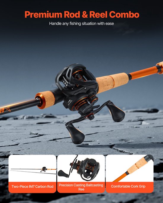 VEVOR Hengel- en Reelset (Baitcasting), 2,13 M Carbonvezel Hengel (Im7), Baarshengelset met 7+1 Kogellagers, 7.0:1 Overbrengingsverhouding en Kurken Handgreep, Linkshandige Visset van Merkloos — afbeelding 4