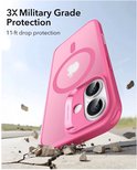 Roze hoesje met magneetische ring, vallend op de grond, met '3X militaire bescherming'.
