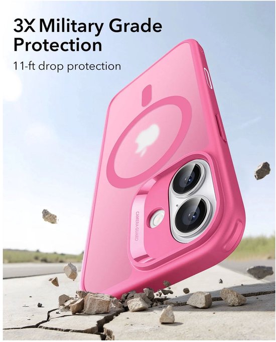 Roze hoesje met magneetische ring, vallend op de grond, met '3X militaire bescherming'.