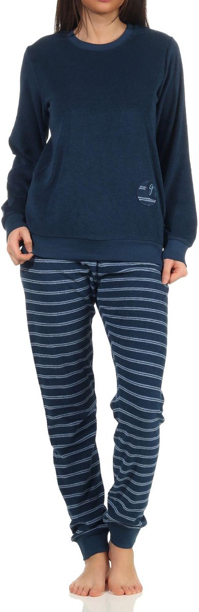 Normann Dames badstof pyjama met manchetten - gestreepte broek, topje met maanaanzet - 212 13 800 marine