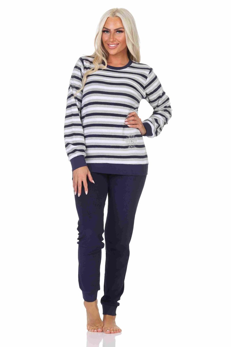 Normann Lange badstof damespyjama's, pyjama's met een gestreepte look en een ijskristalmotief navy
