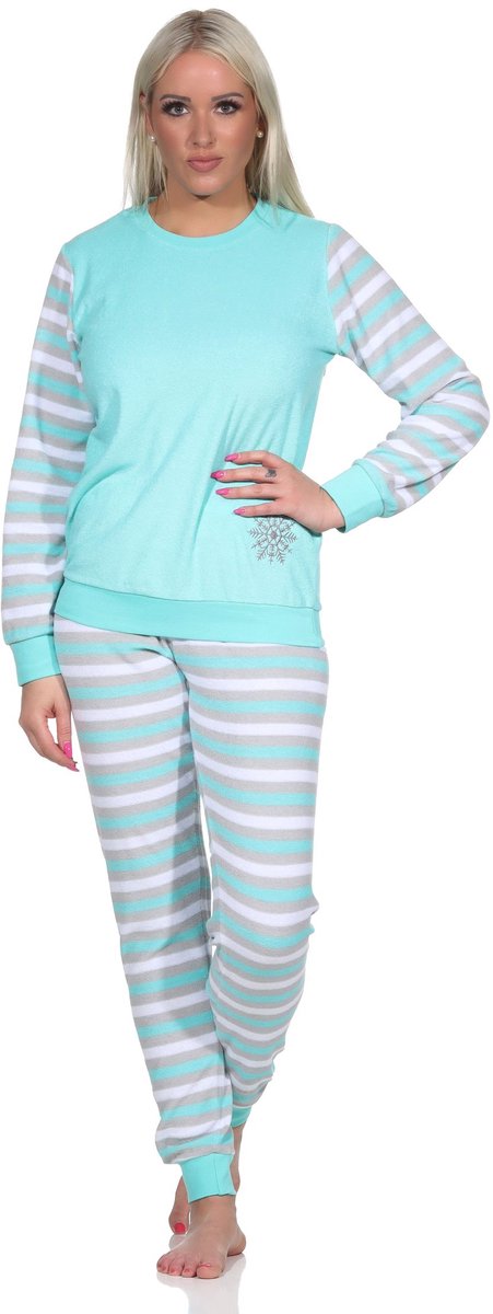 Normann Ringetjes Badstof pyjama voor dames met lange mouwen en ijskristallen mint
