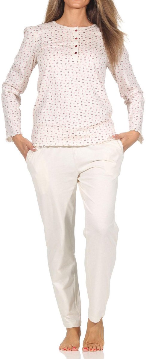 Normann Damen langarm Schlafanzug Pyjama im eleganten Minimal-Print creme