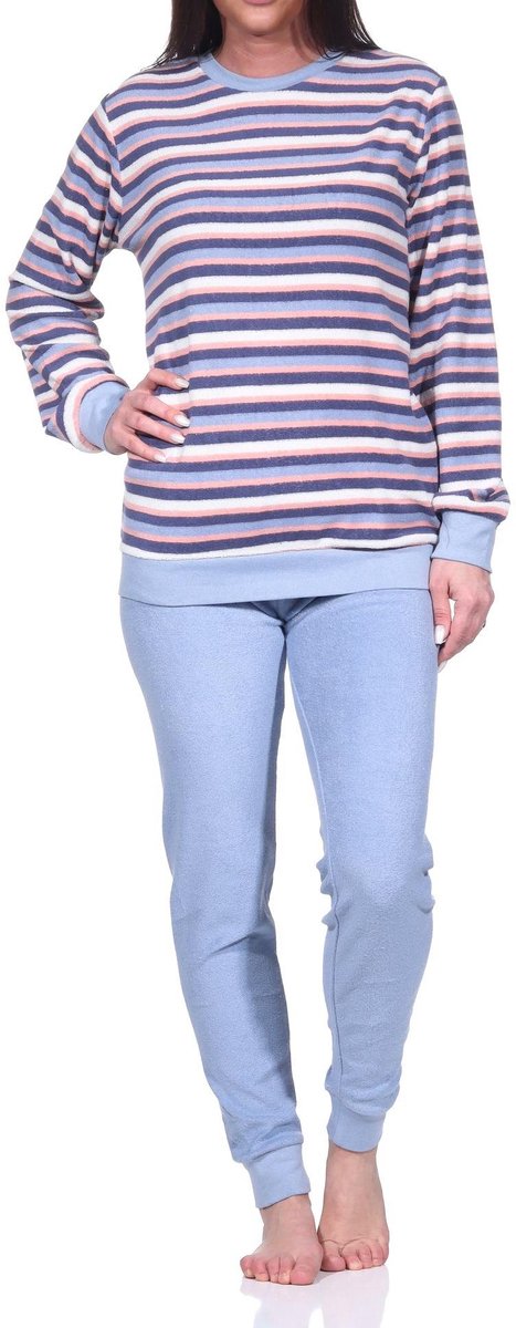 Normann Dames badstof pyjama lang, pyjama met boorden in een geweldige gestreepte look hellblau