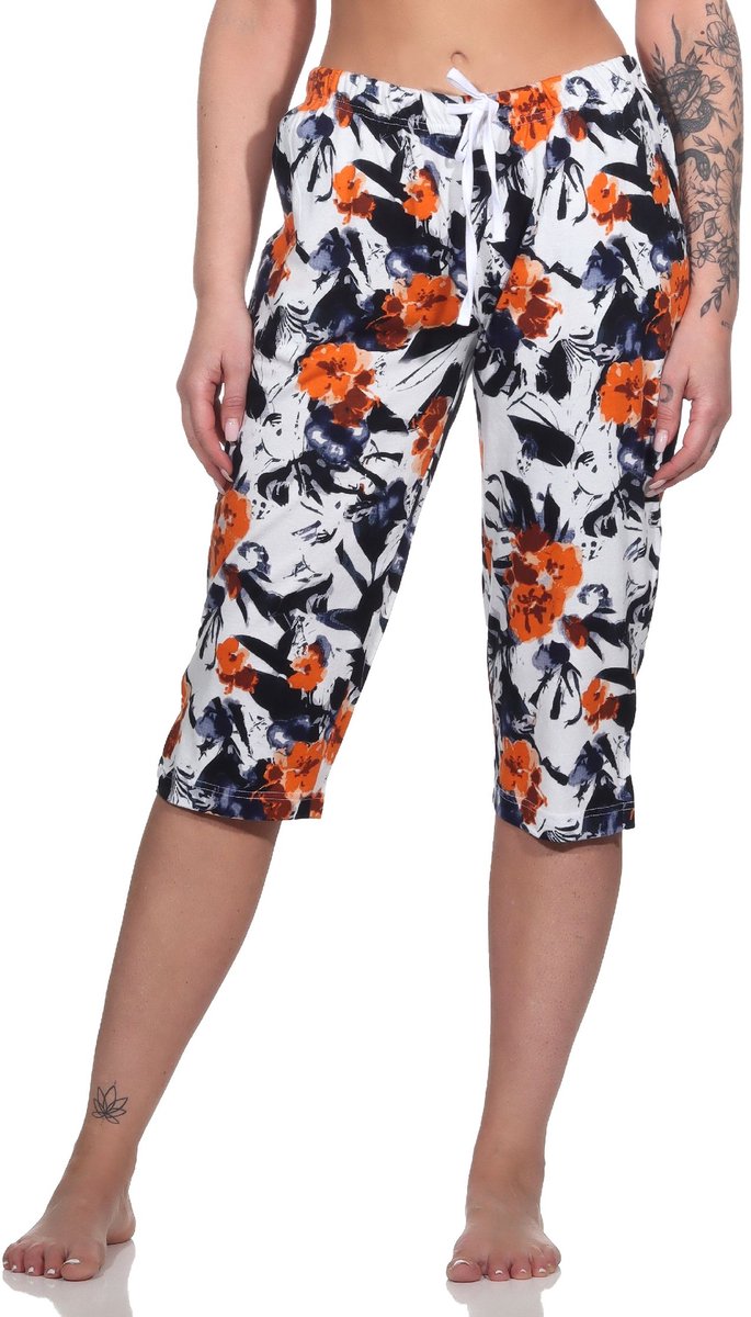 Normann Dames Capri pyjamabroek ¾ lengte - Mix & Match in bloemenlook - ideaal om te combineren orange